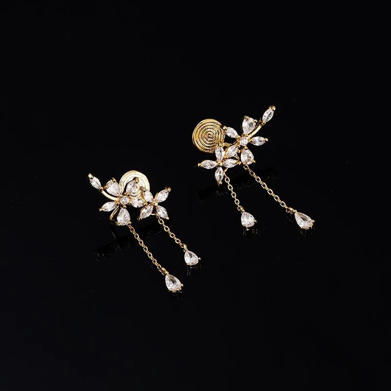 Elegant Forest Floral Rhinestone Tassel Ear Cuff Stud & Clip On No Piercing Chain Drop Earrings
