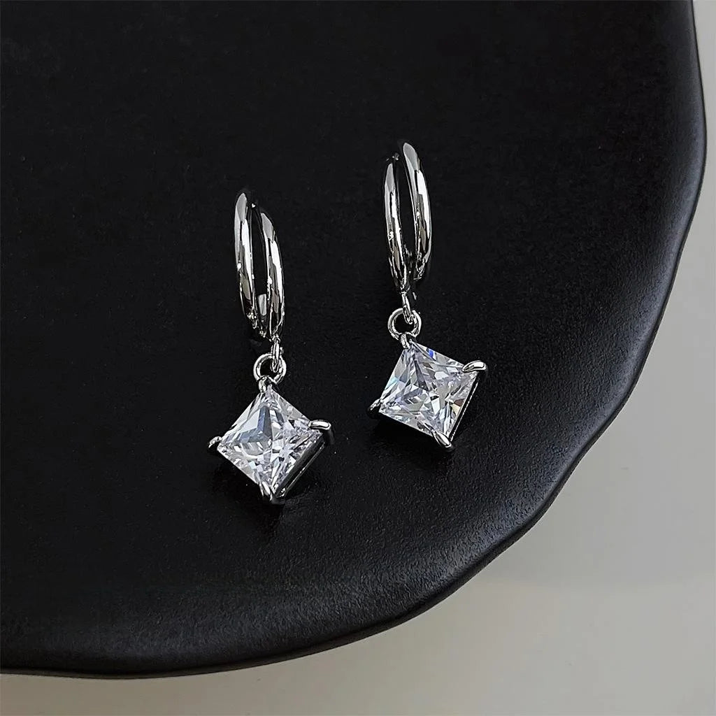 Minimalist OL Double Layer Square Zircon Copper Drop Earrings For Women