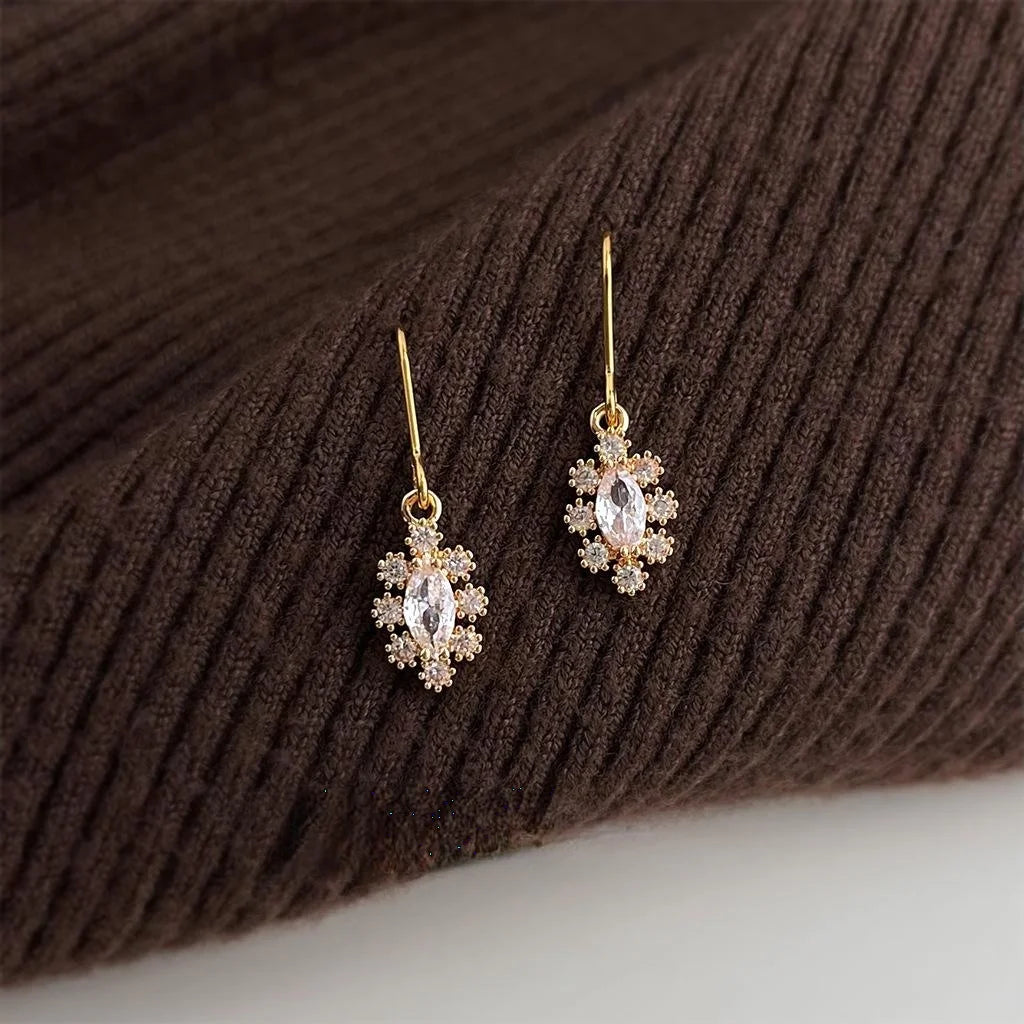 14K Plated Copper Micro Pave Zircon Drop Earrings, Light Luxury Floral Geometric Jewelry For Women
