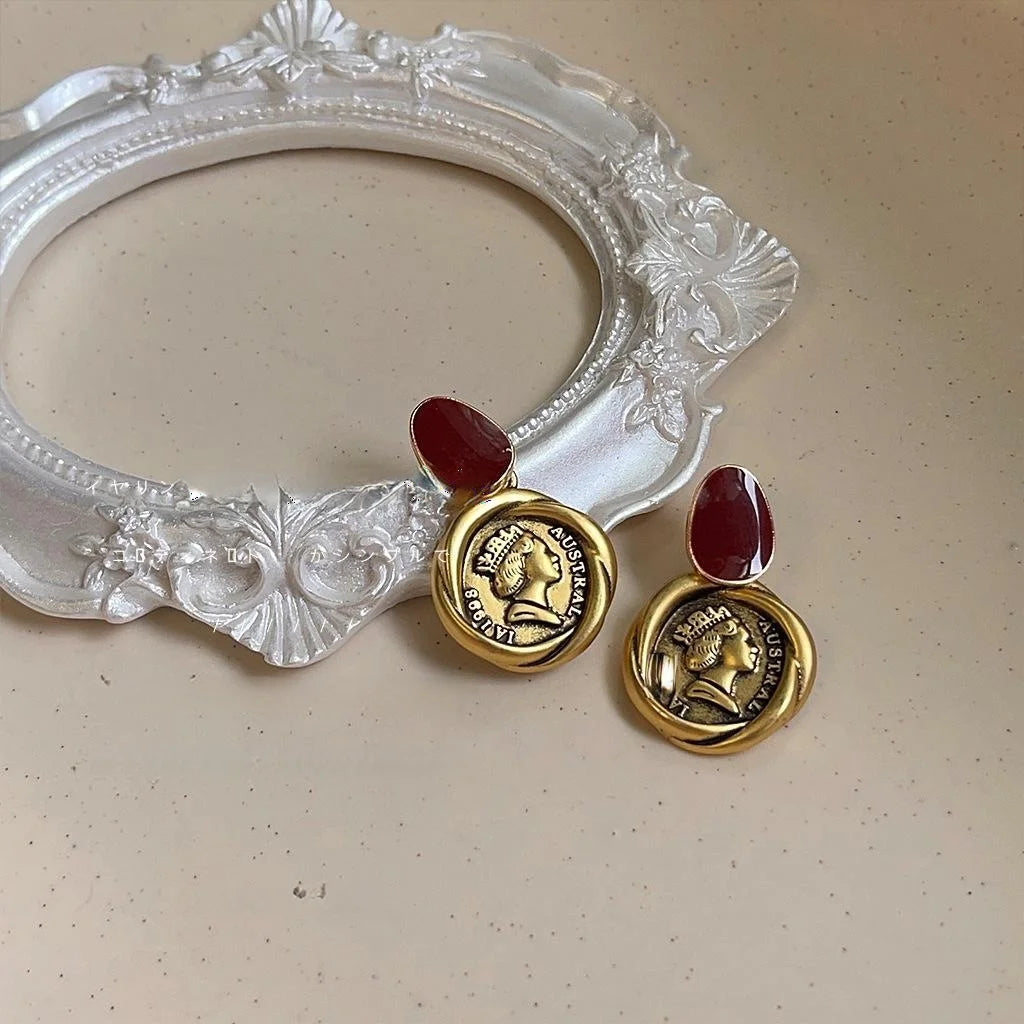 French Vintage Palace Style 14K Plated Antique Gold Coin Copper Stud Earrings