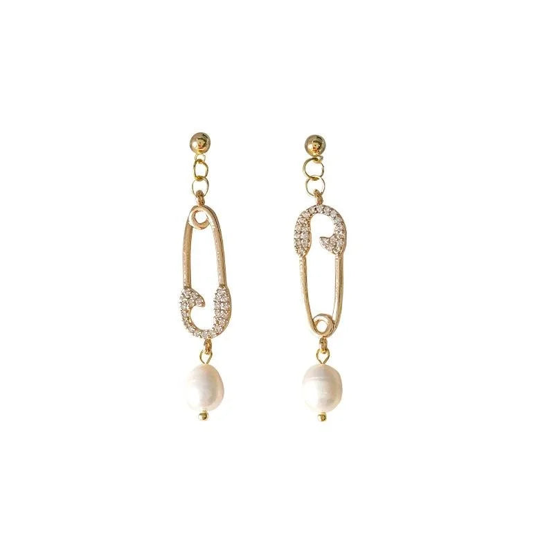 French Vintage Asymmetric Freshwater Pearl Zircon Micro Pave 14K Silver Plated Drop Earrings