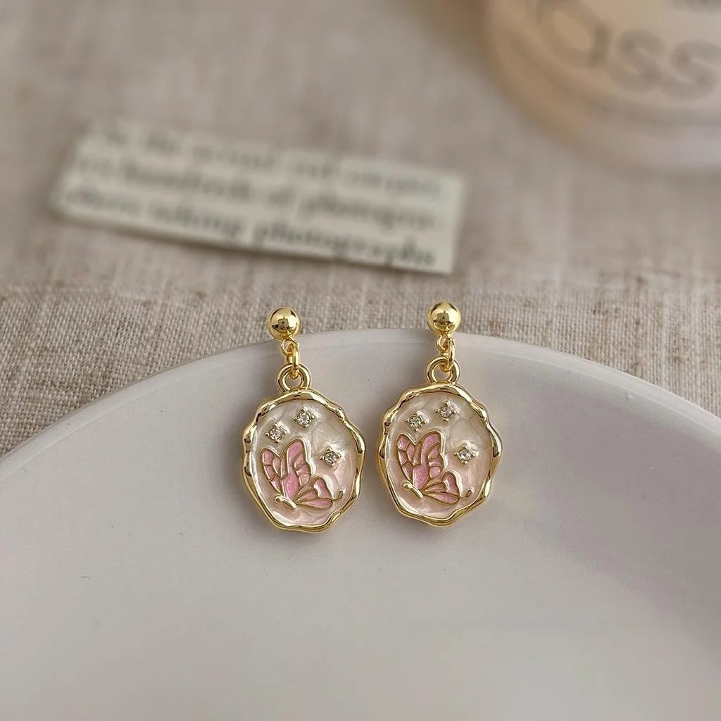 Handmade Gradient Pink Enamel Butterfly Drop Earrings Pastoral Copper