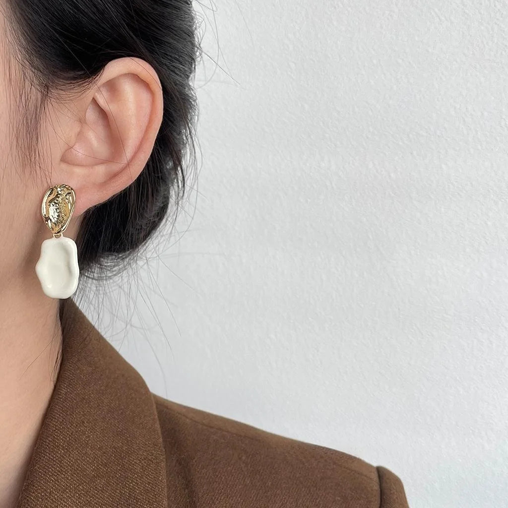French Milky White Enamel 14K Plated Metal Irregular Geometric Minimalist Drop Earrings