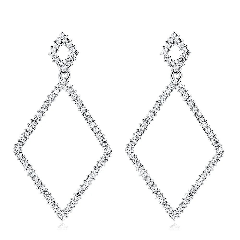 Luxury Geometric Rhinestone Diamond Shape Dangle Earrings For Women, Elegant Alloy Party Wedding Jewelry