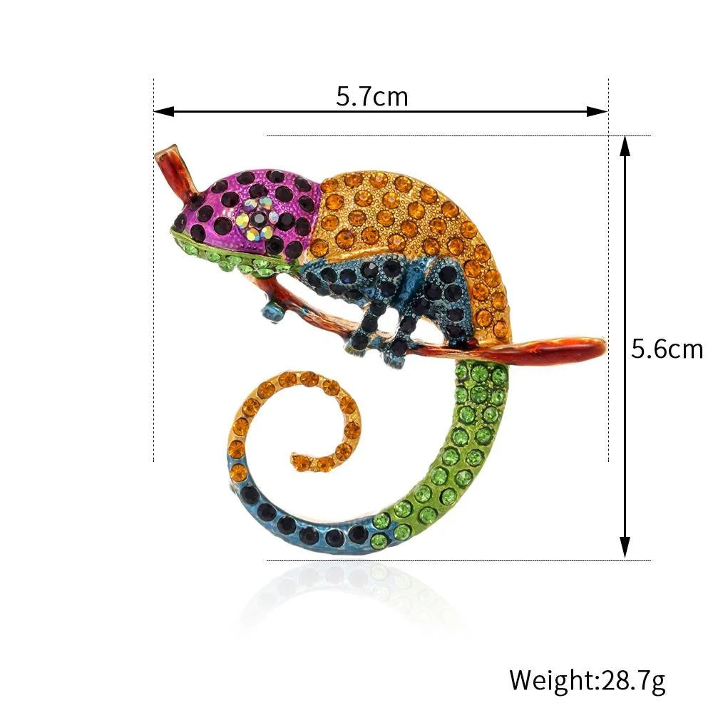 Luxury Colorful Enamel Chameleon On Branch Brooch With Rhinestones, Animal Lizard Lapel Pin Gift