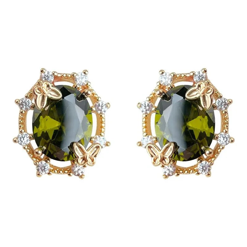 Forest Style Olive Green Zircon Butterfly Wreath 14K Plated Copper Stud Earrings