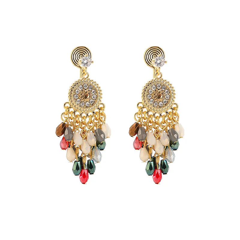 Vintage Spiral Round Rhinestone Crystal Tassel Stud & Clip On No Piercing Long Drop Earrings