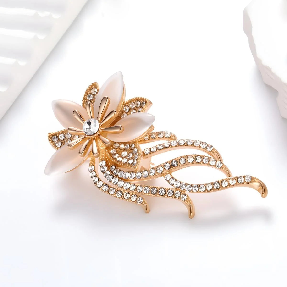 Elegant Rose Gold Alloy Orchid Flower Brooch With Cat Eye Stone And Rhinestones, Luxury Lapel Pin Corsage Gift