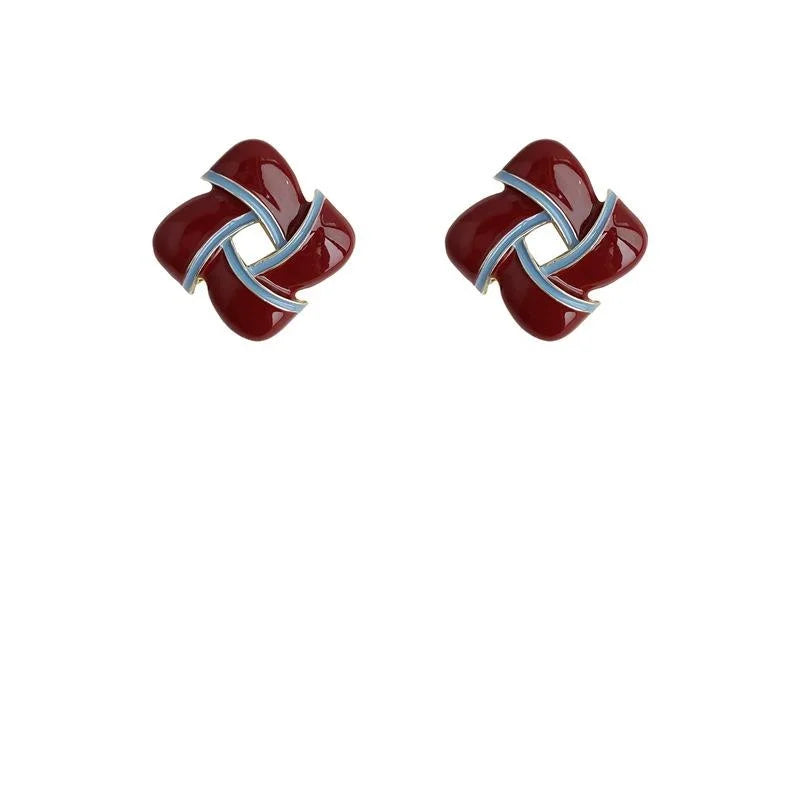 French Vintage Red Square Enamel Alloy Flower Stud Earrings Light Luxury Geometric Jewelry