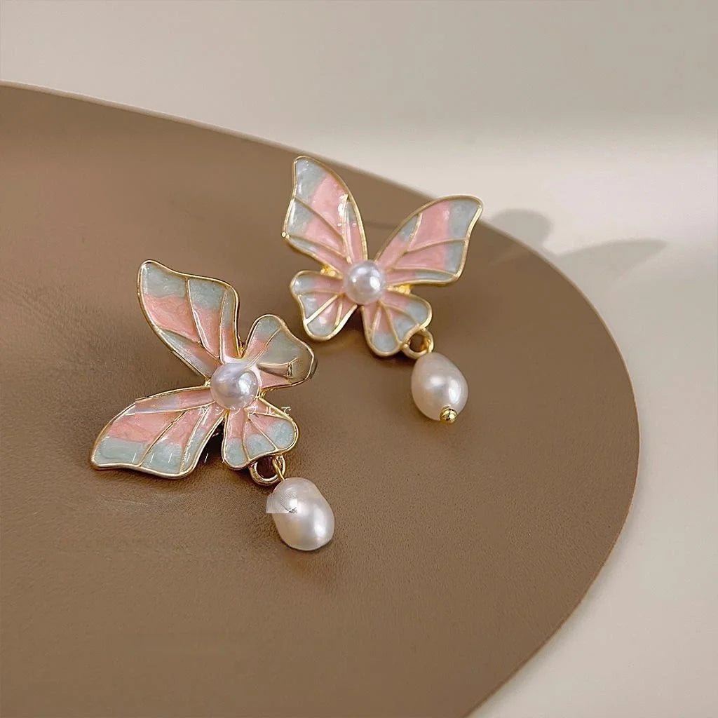 Elegant Forest Style 14K Gold Plated Butterfly Enamel Freshwater Pearl Drop Earrings