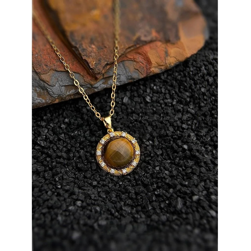 18K Gold Plated Natural Tiger Eye Stone Round Geometric Micro Pave Zircon Necklace