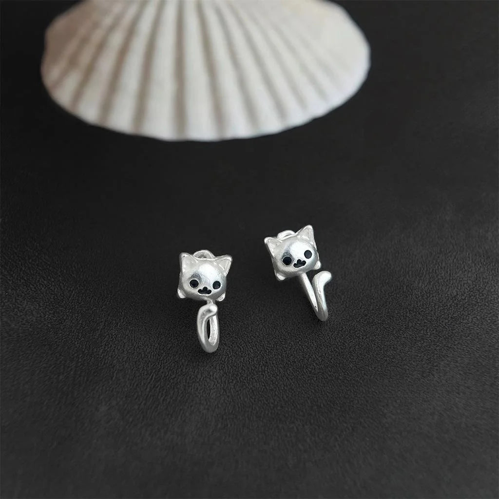 Cute Back Hanging Cat Stud Earrings Copper Cream Sweet Girl Animal Jewelry