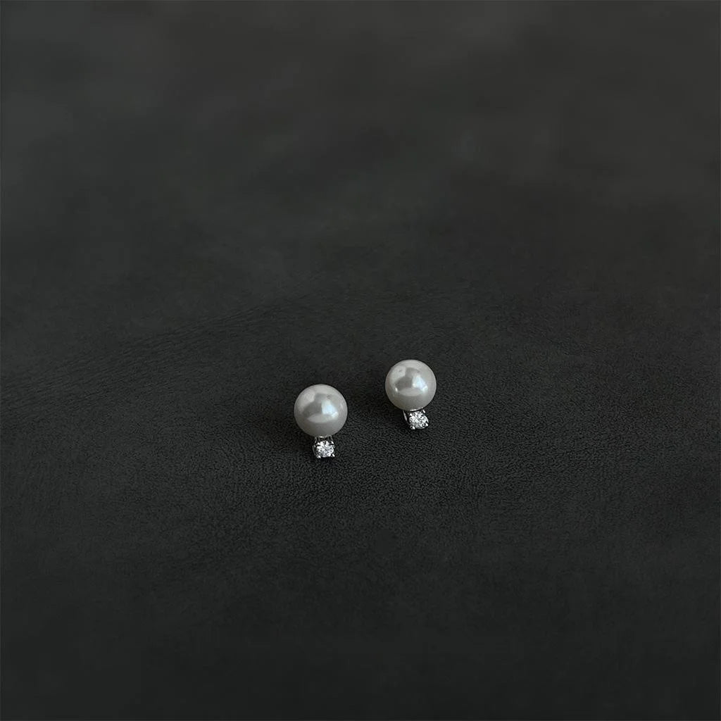 Mini Minimalist Micro Pave Zircon Glass Pearl Stud Earrings For Women Geometric Copper Jewelry