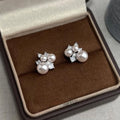 Light Luxury Geometric Round Rose Pearl Micro Pave Zircon Copper Stud Earrings