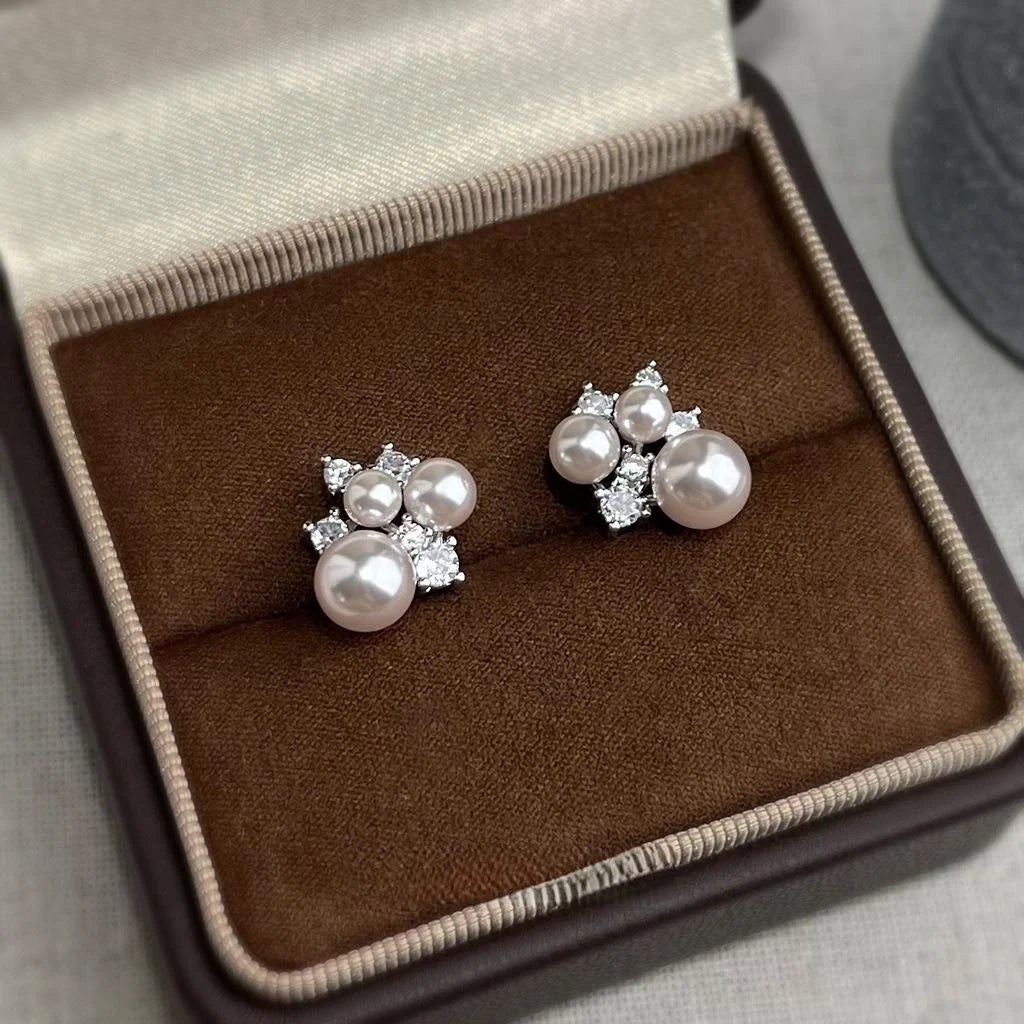 Light Luxury Geometric Round Rose Pearl Micro Pave Zircon Copper Stud Earrings