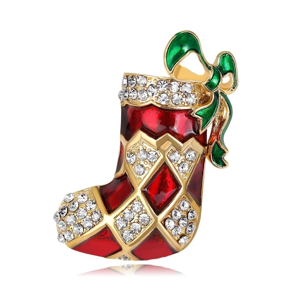 Luxury Rhinestone Enamel Christmas Stocking Boot Brooch, Alloy Holiday Lapel Pin Corsage Gift For Women