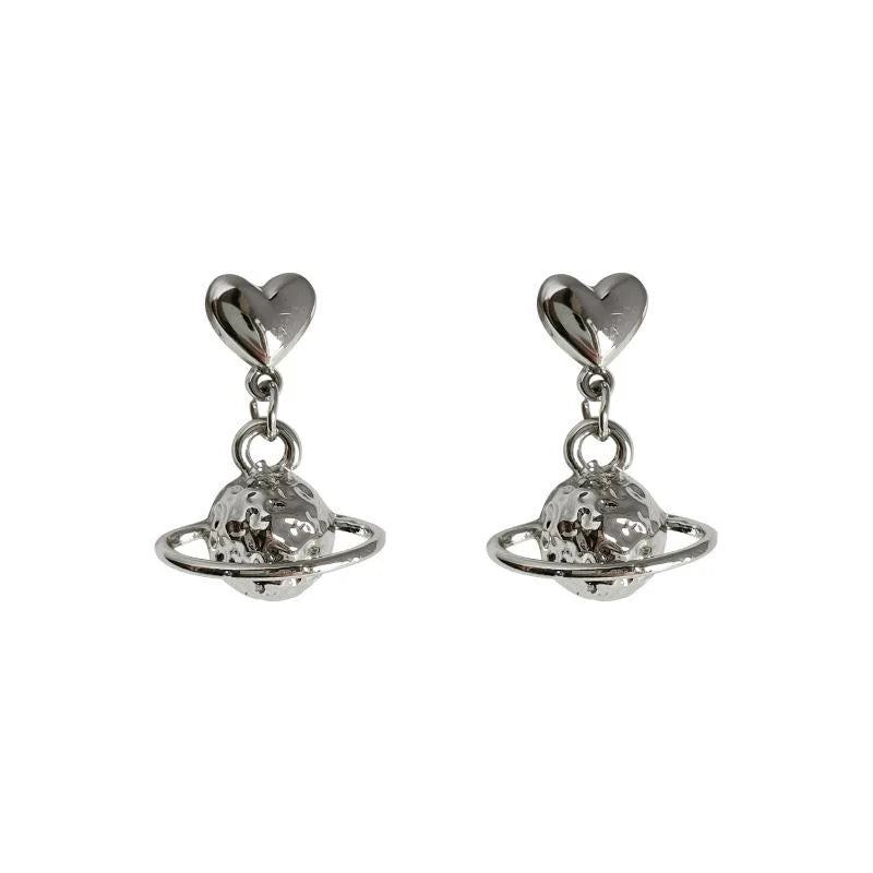 Sweet Cool Silver Tone Metal Planet Geometric Stud Earrings Style Minimalist Ear Jewelry