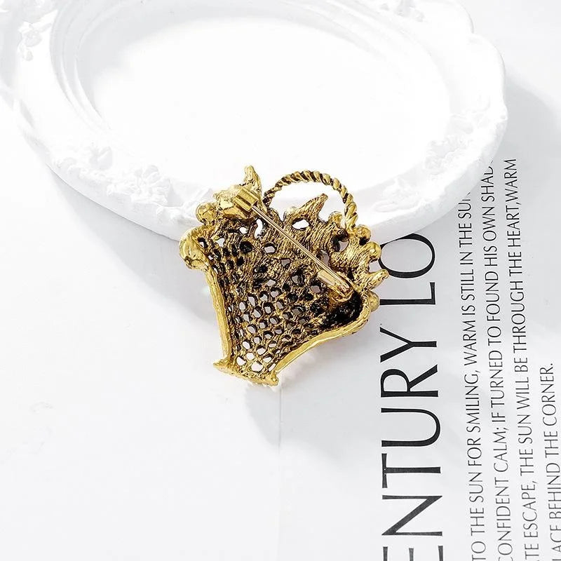 Cute Rhinestone Flower Basket Brooch, Gold Tone Alloy Floral Lapel Pin For Women's Suit Accessory Gift