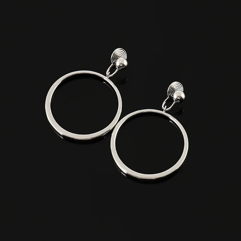 Elegant Silver Alloy Large Circle Hoop Stud & Clip On No Piercing Minimalist Long Dangle Earrings