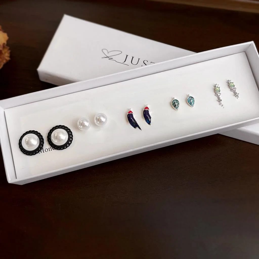 5-Piece Copper Zircon Enamel Pearl Stud Earrings, Fruit Geometric Gift Box