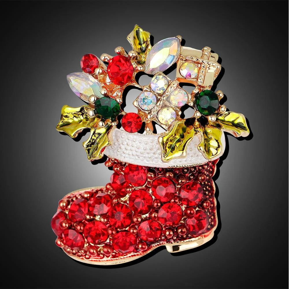 Luxury Christmas Boot Brooch With Red Rhinestones, Enamel Holly And Alloy Lapel Pin Corsage Gift