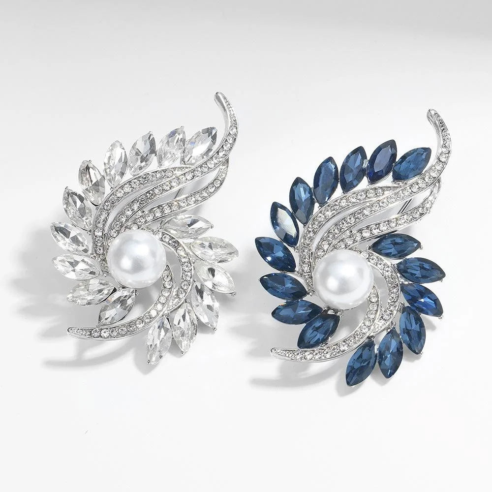 Elegant Rhinestone Crystal Swirl Flower Brooch With Faux Pearl Center, Luxury Lapel Pin Suit Accessory