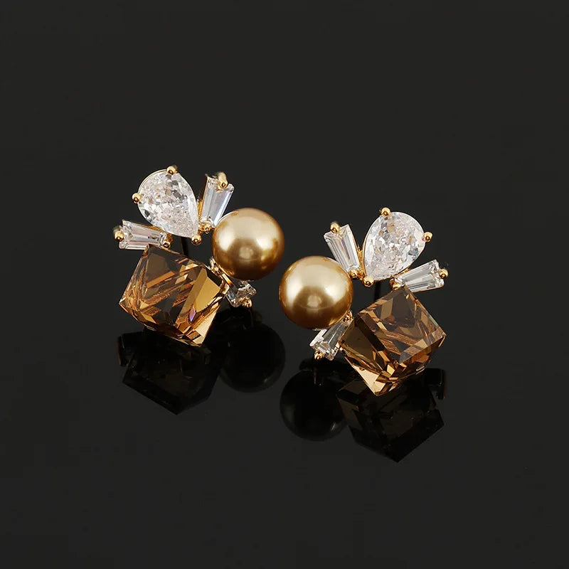 Elegant Brown Sugar Cube Crystal Pearl Rhinestone Geometric Stud & Clip On No Piercing Earrings