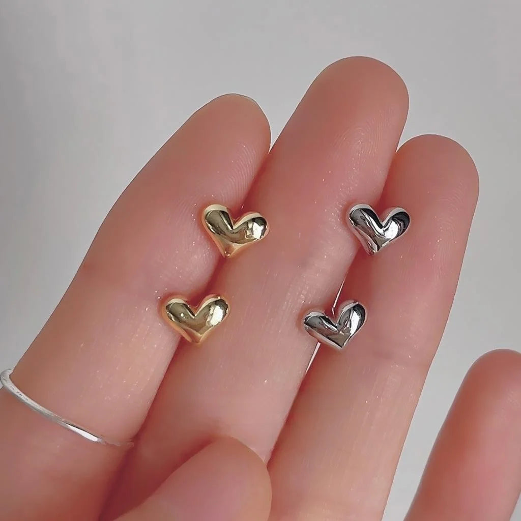 Mini 14K Gold Plated Copper Smooth Heart Stud Earrings, Minimalist Korean Style