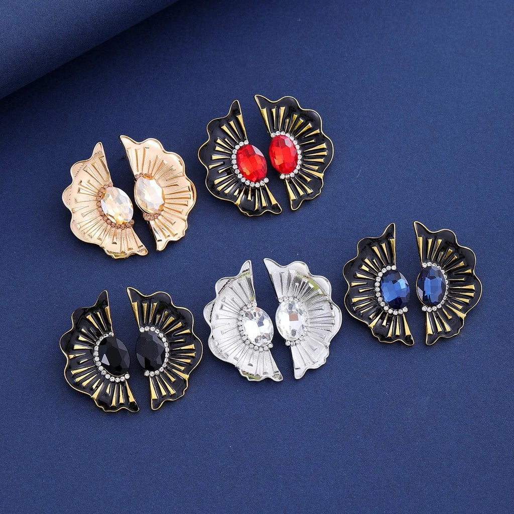 Vintage Fan-Shaped Alloy Earrings With Red Crystal Rhinestone, Elegant Luxury Studs For Wedding Party Gift