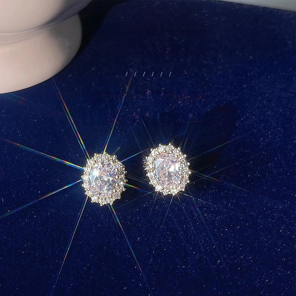14K Gold Plated Copper Irregular Oval Micro Pave Zircon Stud Earrings