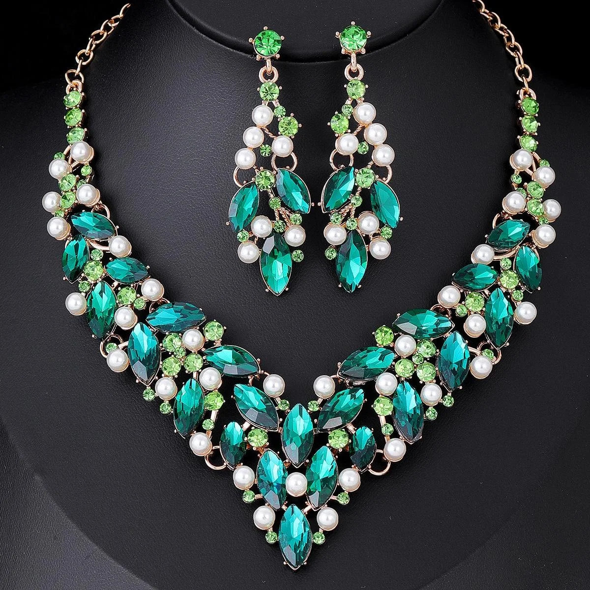 Luxury Bridal Green Crystal Rhinestone Pearl Necklace Jewelry Set With Drop Earrings For Wedding Party Gift