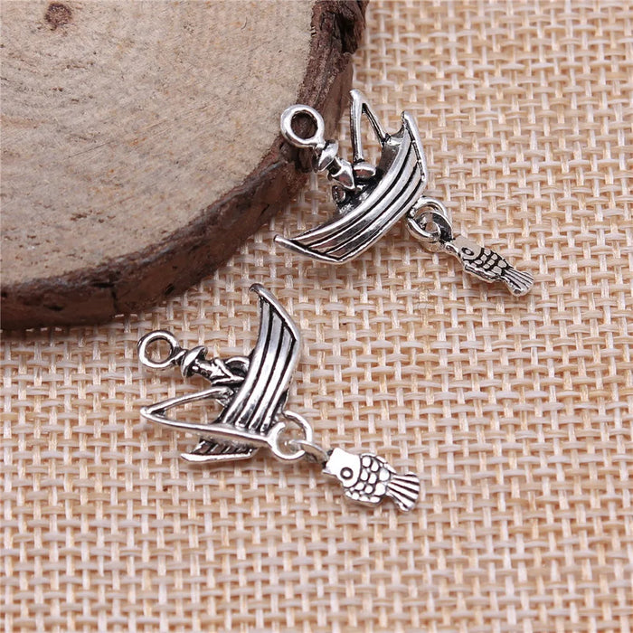 29x18mm 1.6g Antique Silver Zinc Alloy Fishing Boat Fish Charm Pendant for DIY Ocean Jewelry Making