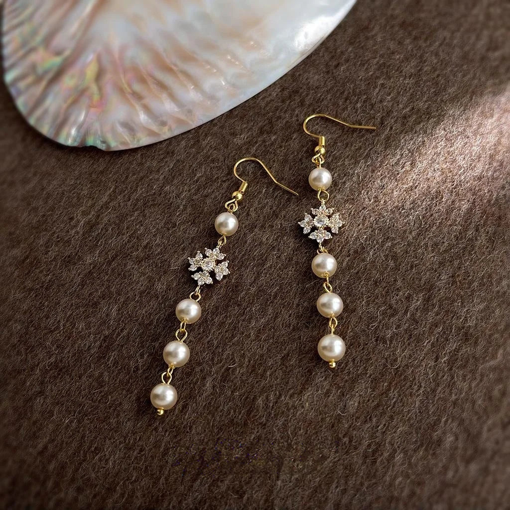 French Style Copper Zircon Micro Pave Glass Pearl Tassel Geometric Drop Earrings