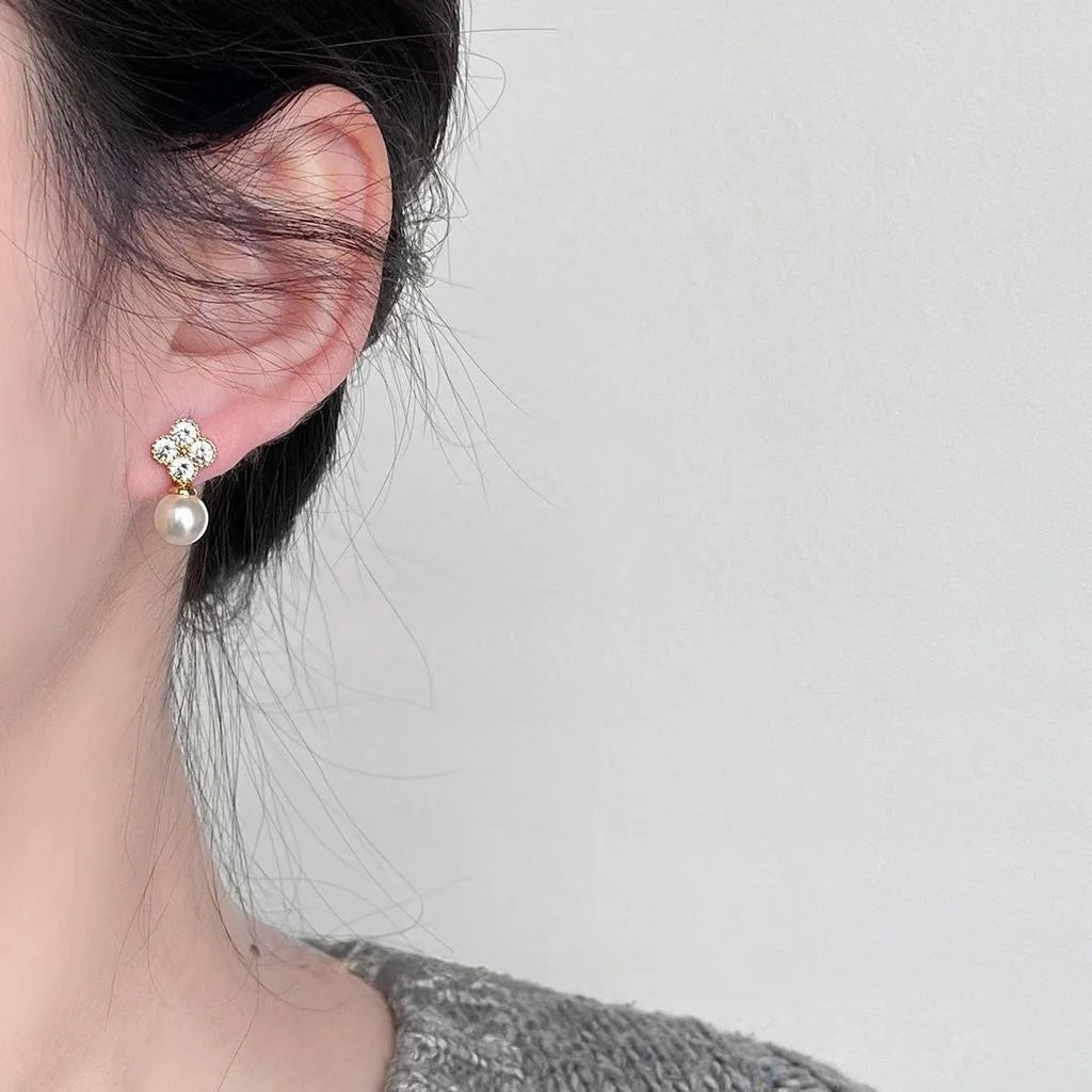 14K Gold Plated Copper Glass Pearl Flower Stud Earrings Elegant Micro Pave Zircon