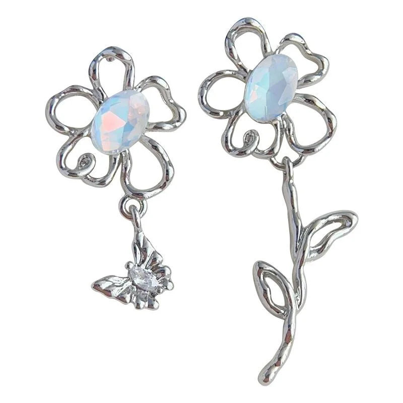 Sweet Cool Asymmetric Copper Drop Earrings With Hollow Colorful Flower Butterfly Sunflower Design