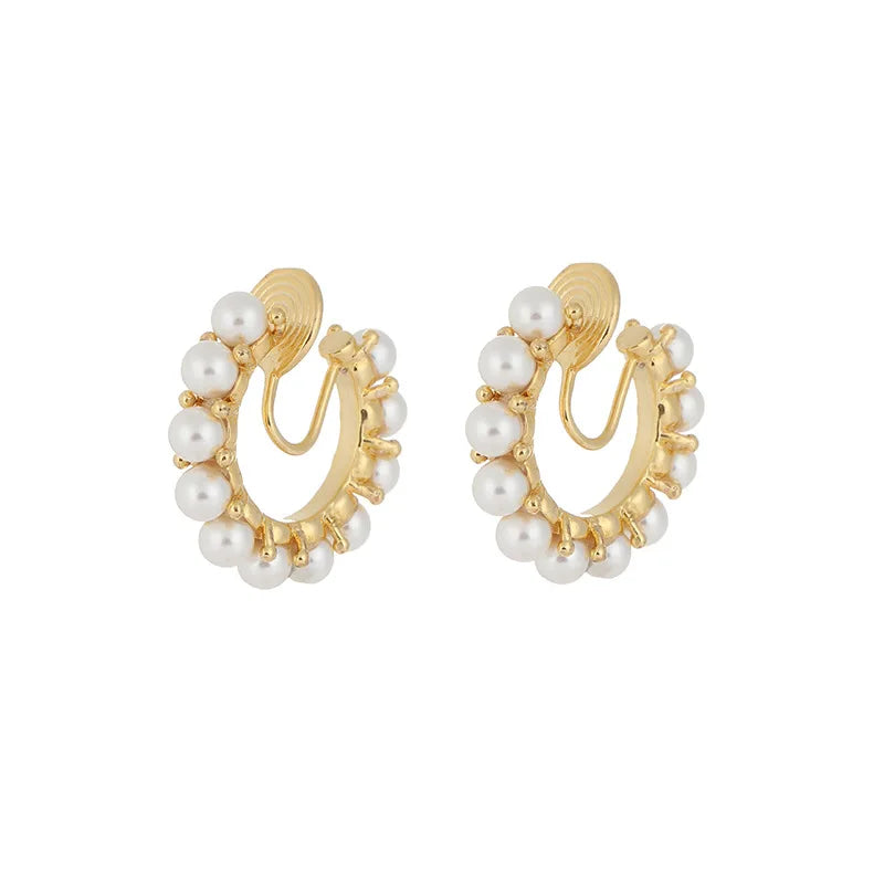 Luxury Vintage Pearl Hoop Circle Stud & Clip On No Piercing Gold Alloy French Round Earrings