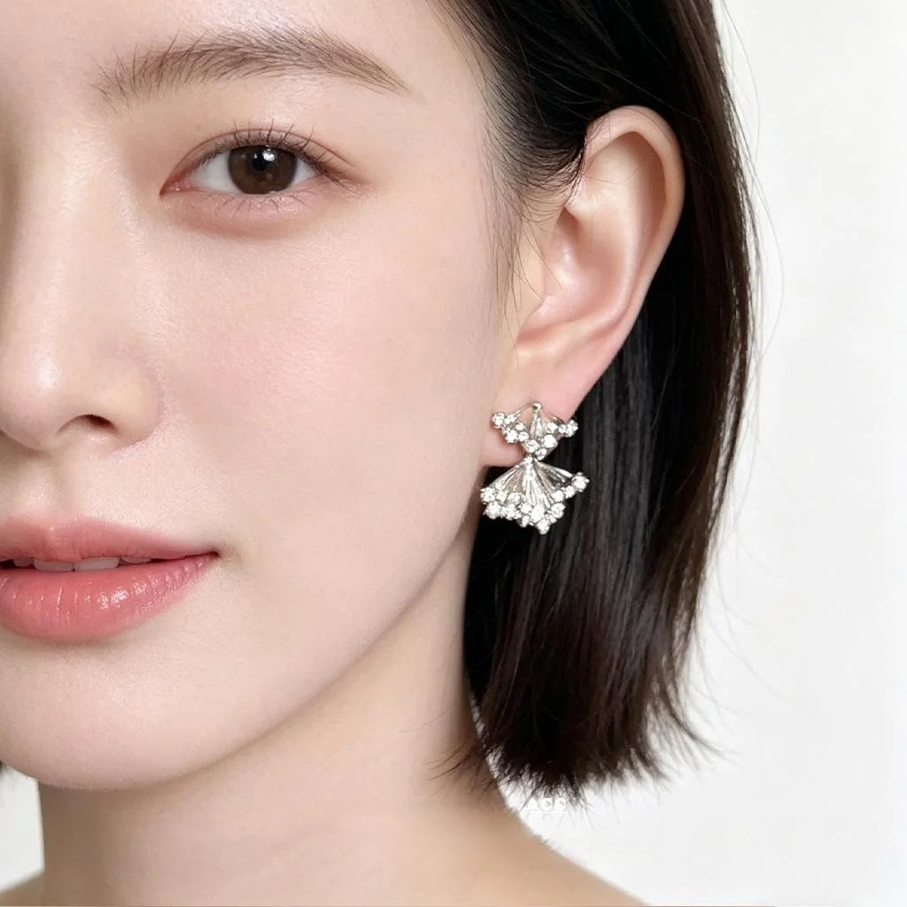 Champagne Gold Micro Pave Zircon Geometric Ginkgo Leaf Tassel Drop Earrings Eco Copper