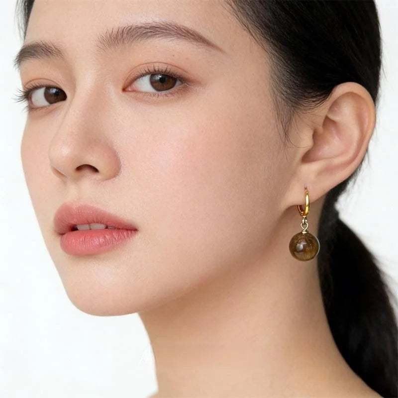 Maillard Style Copper Tiger Eye Geometric Round Hoop Earrings For Women Retro Luxury Jewelry