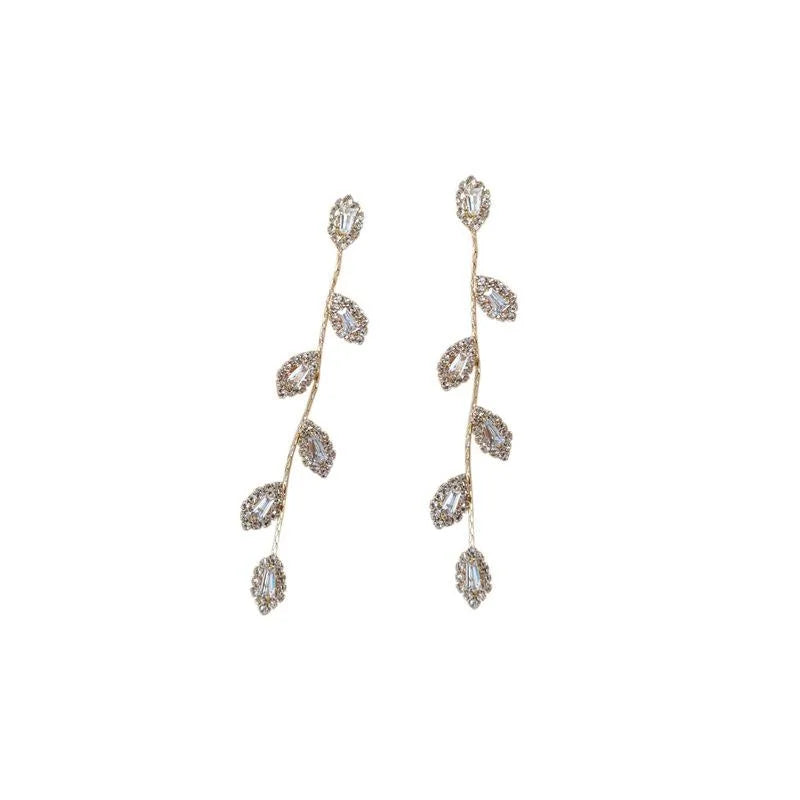 14K Gold Plated Zircon Leaf Tassel Drop Earrings Light Luxury Jewelry