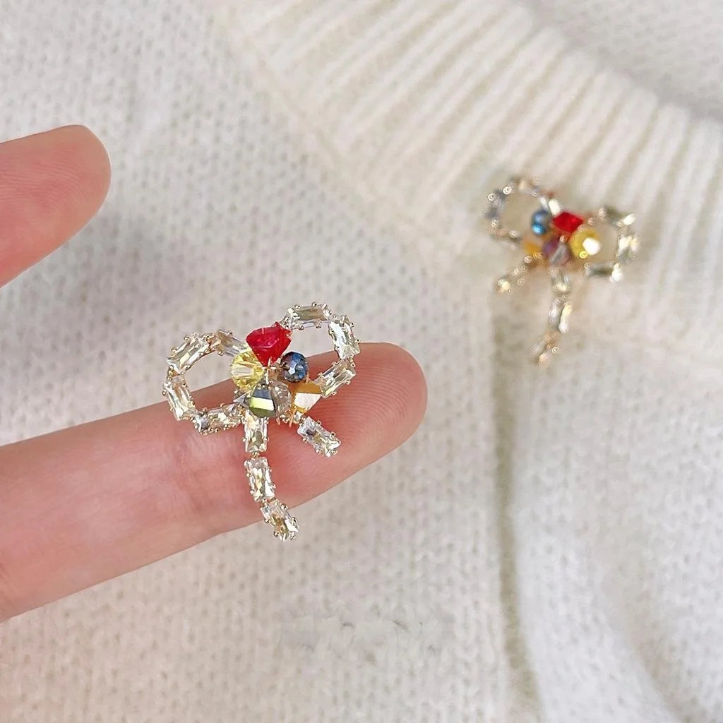 Micro Pave Zircon Bow Stud Earrings 14K Gold Plated Copper Handmade Designer Jewelry