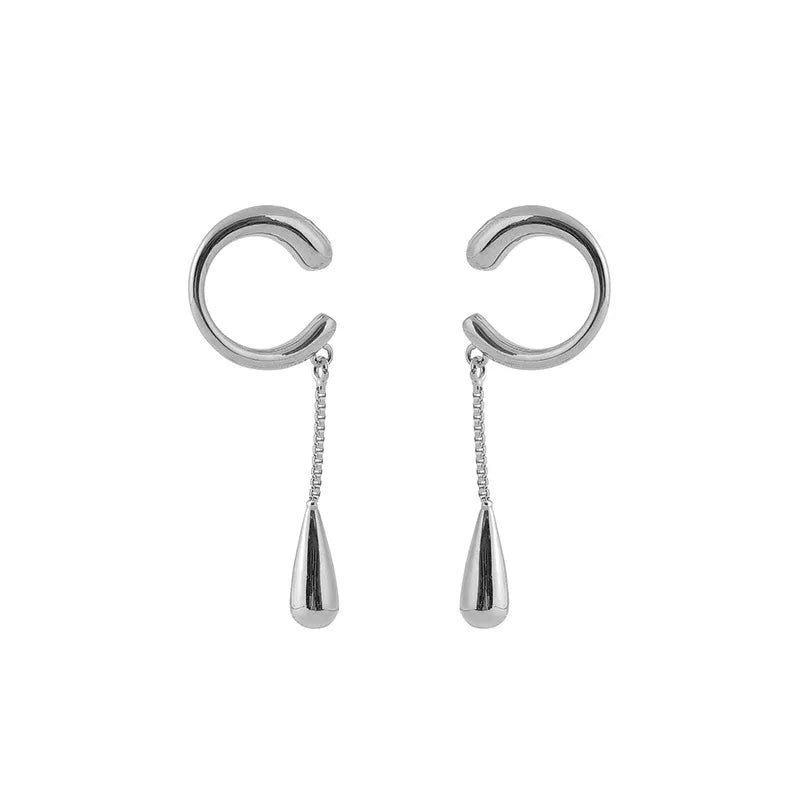 Elegant Silver Alloy Ear Cuff Chain Tassel Waterdrop Stud & Clip On No Piercing Long Drop Earrings