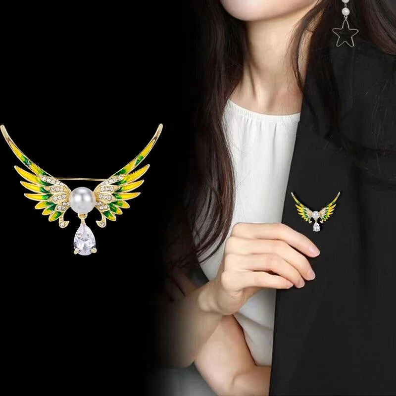 Elegant Enamel Angel Wings Brooch With Rhinestones Pearl And Crystal Drop, Women's Lapel Pin Gift