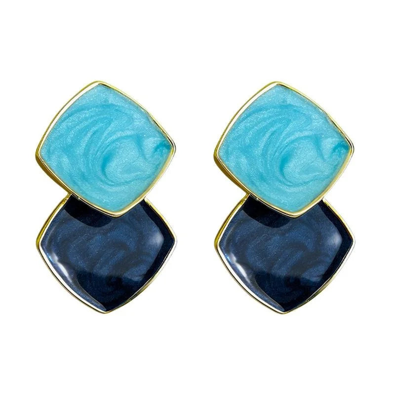Eco-Friendly Copper Geometric Square Drop Earrings Sea Blue Contrast Vacation Style