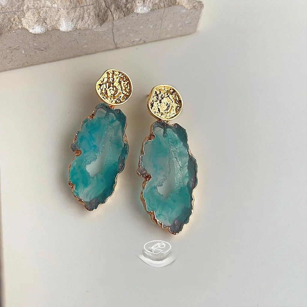 Vintage Irregular Blue Ombre Resin Geometric Drop Earrings Elegant Artsy Statement Jewelry