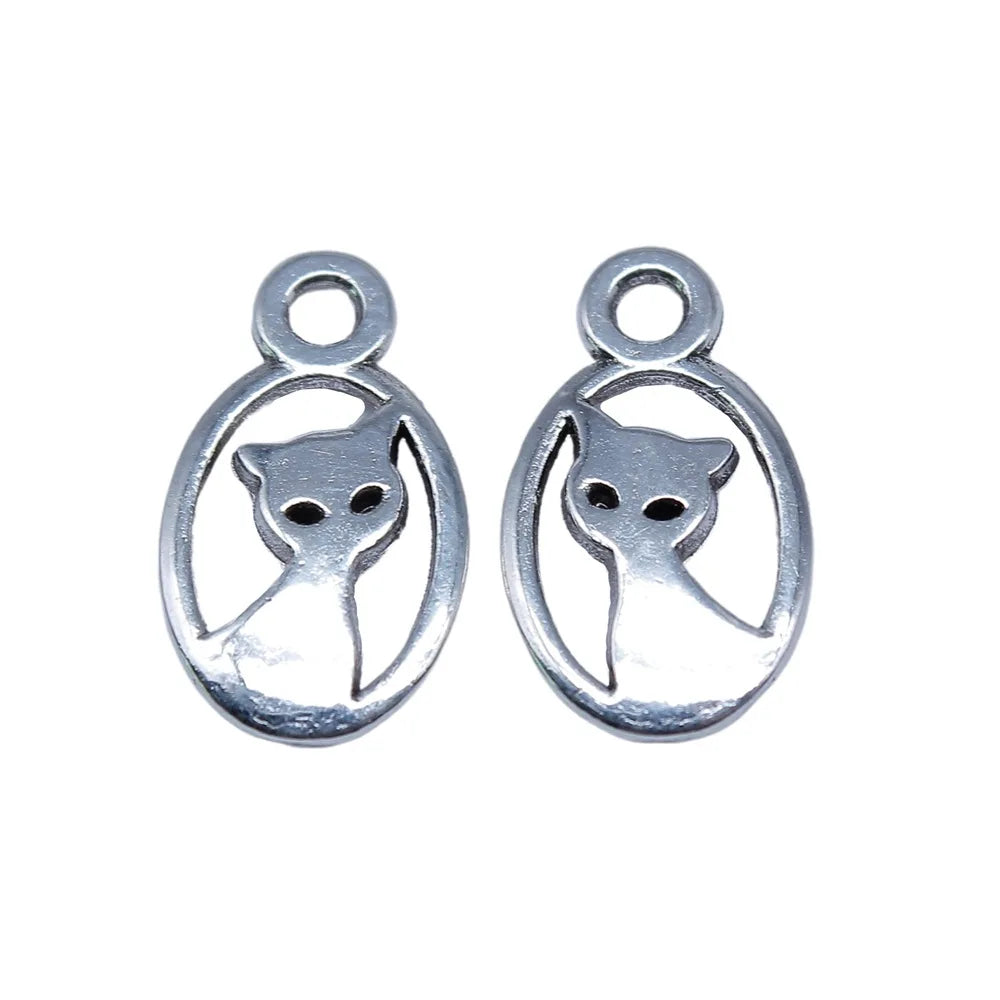 9x16mm 0.7g Antique Silver Tone Zinc Alloy Double Sided Cat Charm Pendant for DIY Jewelry Making