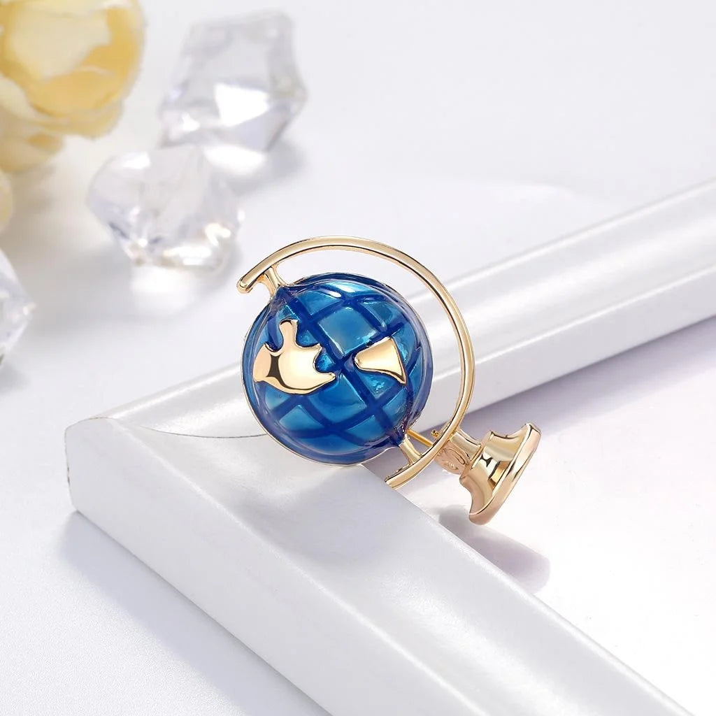 Elegant Blue Enamel Globe Planet Brooch, Gold Tone Alloy Lapel Pin Corsage Suit Accessory Gift