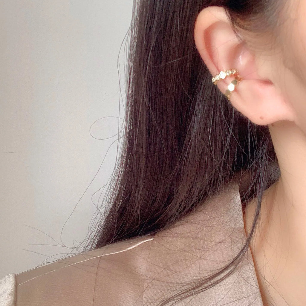 Luxury Gold Hexagon Ear Cuff Stud & Clip On No Piercing Zircon Rhinestone Huggie Hoop Earrings