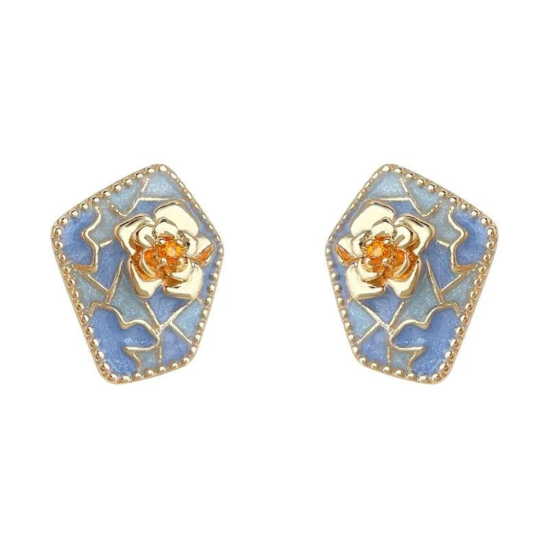 Original Flower Stud Earrings Eco Copper Haze Blue Court Style Designer Jewelry