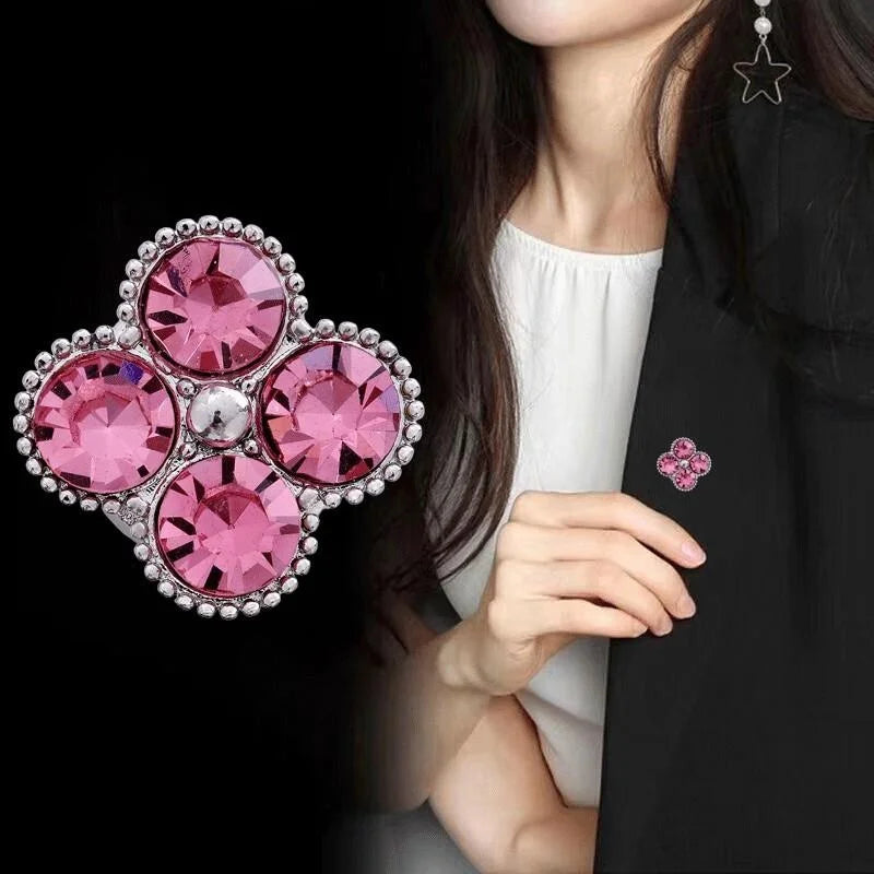 Elegant Pink Rhinestone Four Leaf Clover Magnetic Brooch, Alloy Lapel Pin Corsage For Suit Accessory Gift