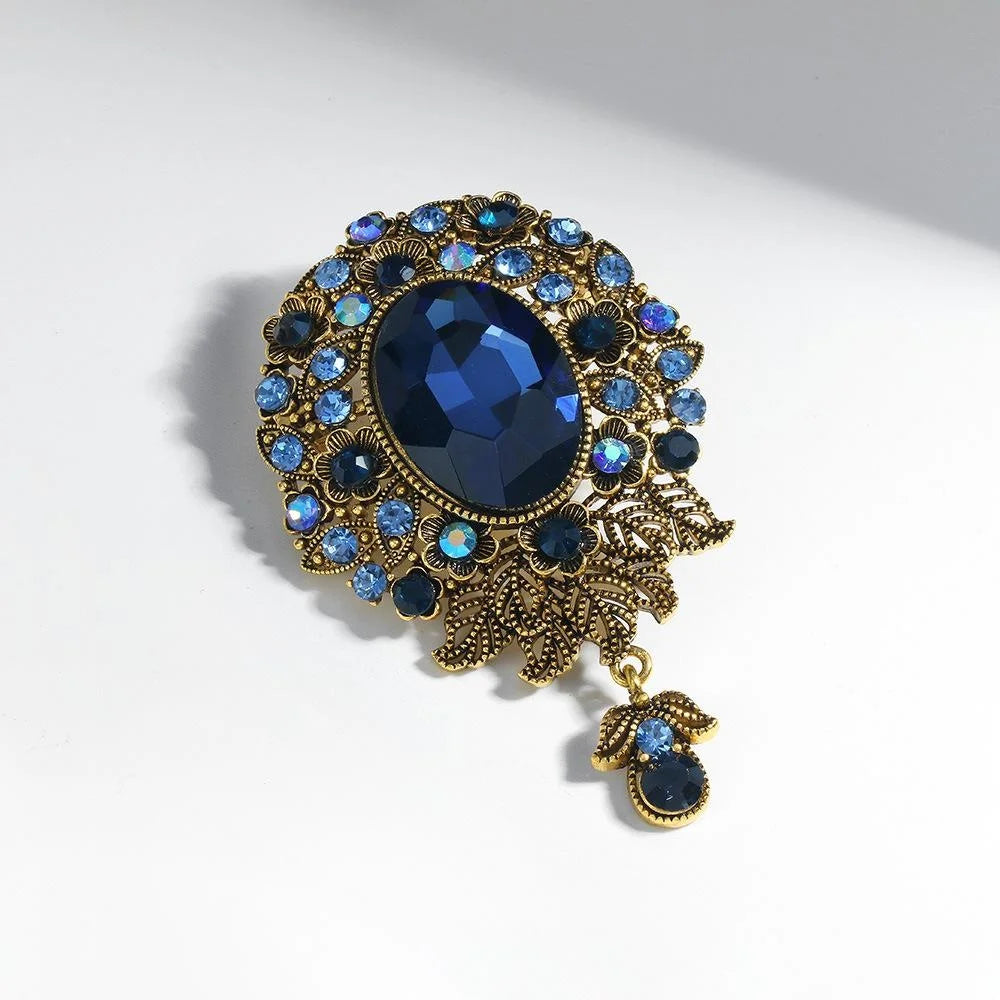 Vintage Blue Rhinestone Alloy Floral Brooch With Glass Pendant, Elegant Women's Lapel Pin Suit Accessory